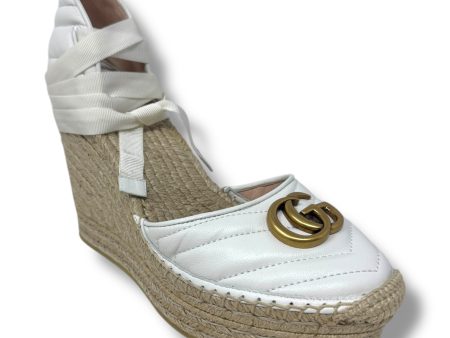 GG Logo Quilted Leather Wrap Espadrille Wedge Shoes Luxury Designer By Gucci In White, Size: 9 Online