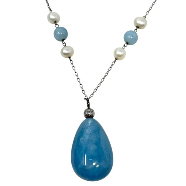 Cultured Pearl, Milky Aquamarine & Sterling Silver Necklace By Clothes Mentor Online