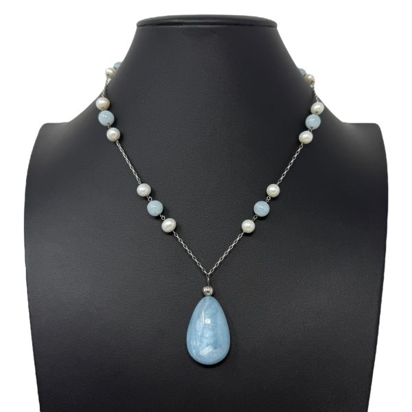 Cultured Pearl, Milky Aquamarine & Sterling Silver Necklace By Clothes Mentor Online